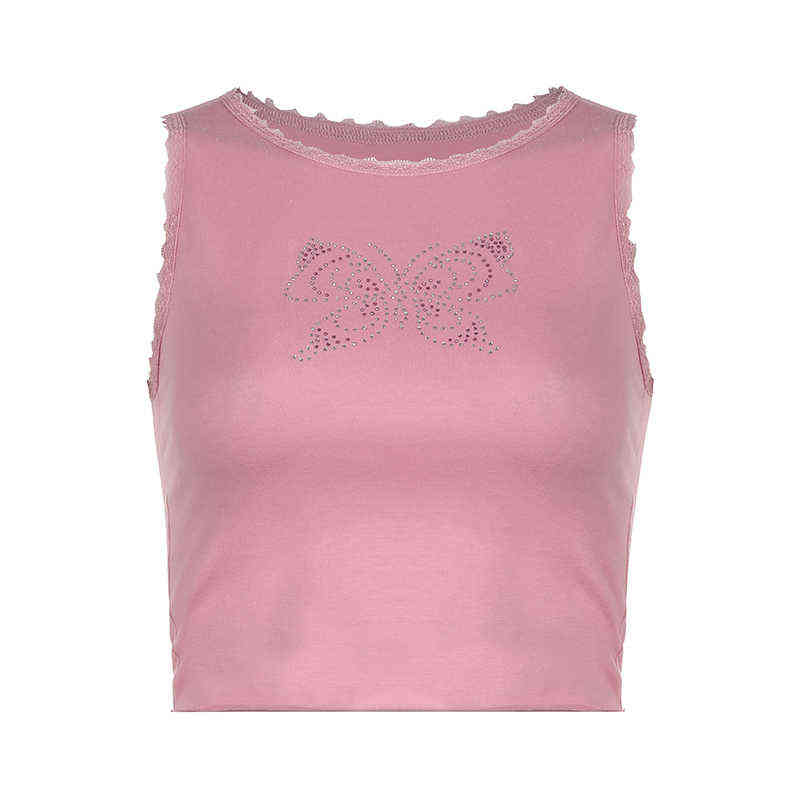 Rapcopter Y2K Butterfly Tank Tops Lace Trim Cute Sweet Basic Crop Top O Neck Sleeveless Rhinestone Summer Sweats Mini Vest Women Y220308