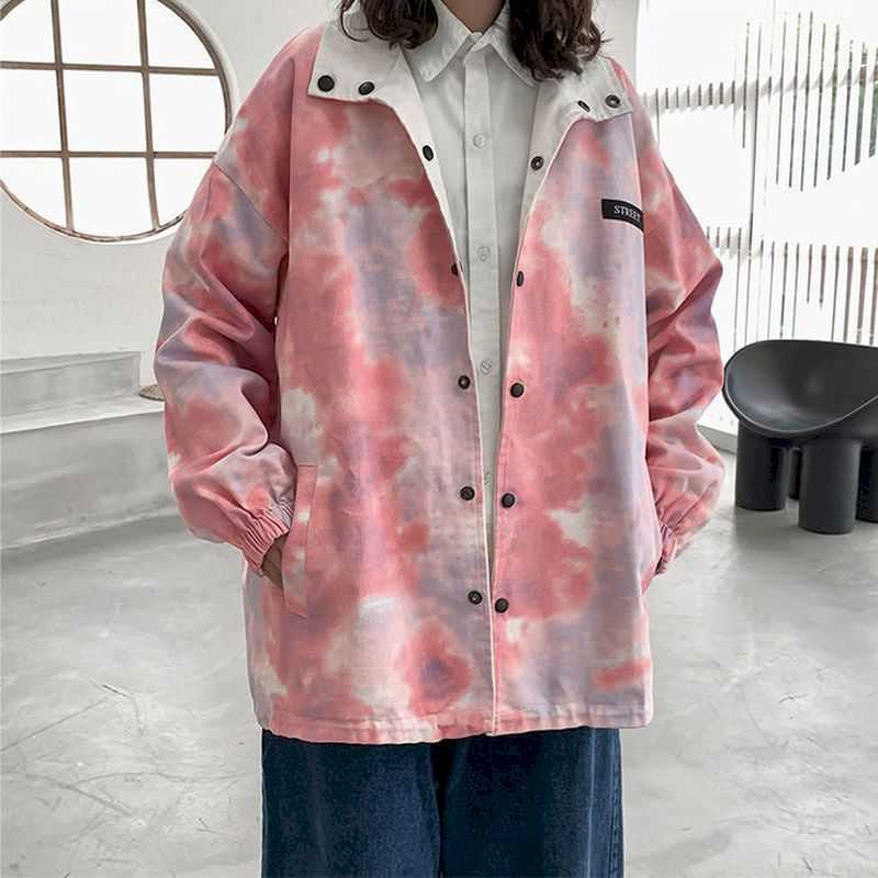Autumn loose jacket men's casual fashion coat tie-dye trend double-sided square collar wild 210526