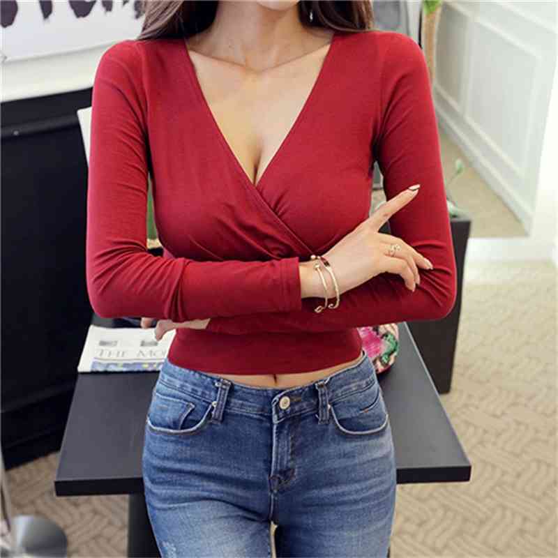 Summer Sexy Women Slim Crop Top Tees T Shirt Low Cut Short Sleeve Solid Female Teenage Girls Femmes t-shirt Cross Wrap 210406