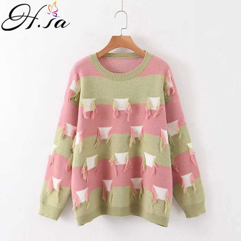 H.SA Women Pullover and Sweaters Oneck Long Sleeve Loose Knitwear Broken Hole Korean Knit Jumpers Pink Pull Sweater Casual Tops 210716