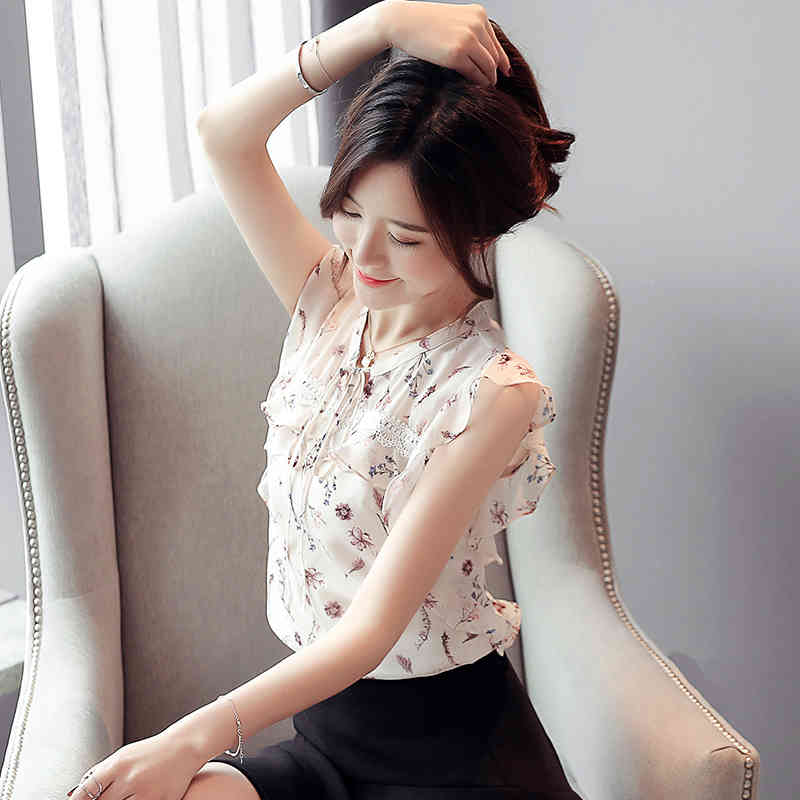 Summer New Women Tops and Blouses Casual Chiffon Floral Women Blouse Printing Bow Office Lady Shirt Camisas Mujer 8625 50 210417