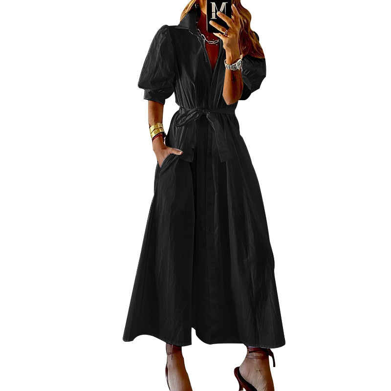 Women Dress Short Sleeve Single Breasted Shirt es Temperament Lace Up Large Hem Maxi es Long Summer 210524