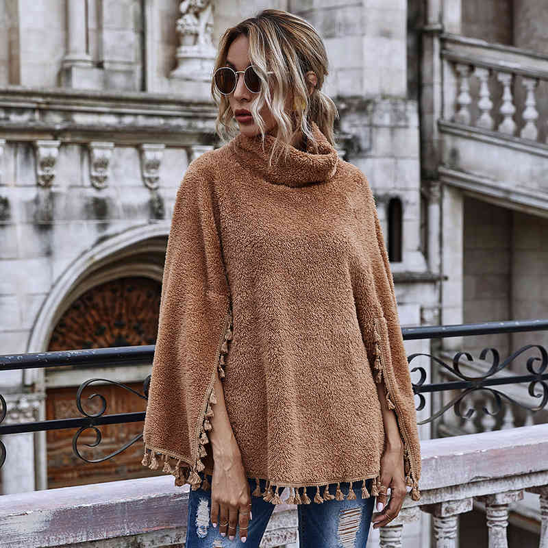winter Autumn Solid Color Slim-Fit Fashion Turtleneck Tassled Hem Cape Long-Sleeved Sweater Women's loose Fleece Coat Women 210508
