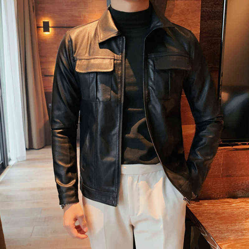 Faux Leather Jacket Men Autumn Motorcycle Korean Slim Green British Trend Casual 211111