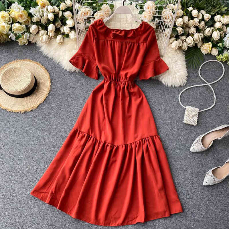 Sweet Ruffles Midi Long Summer Party Dress Elegant High Waist Dress Women Vestido De Festa Casual Beach A-line Dress 210521