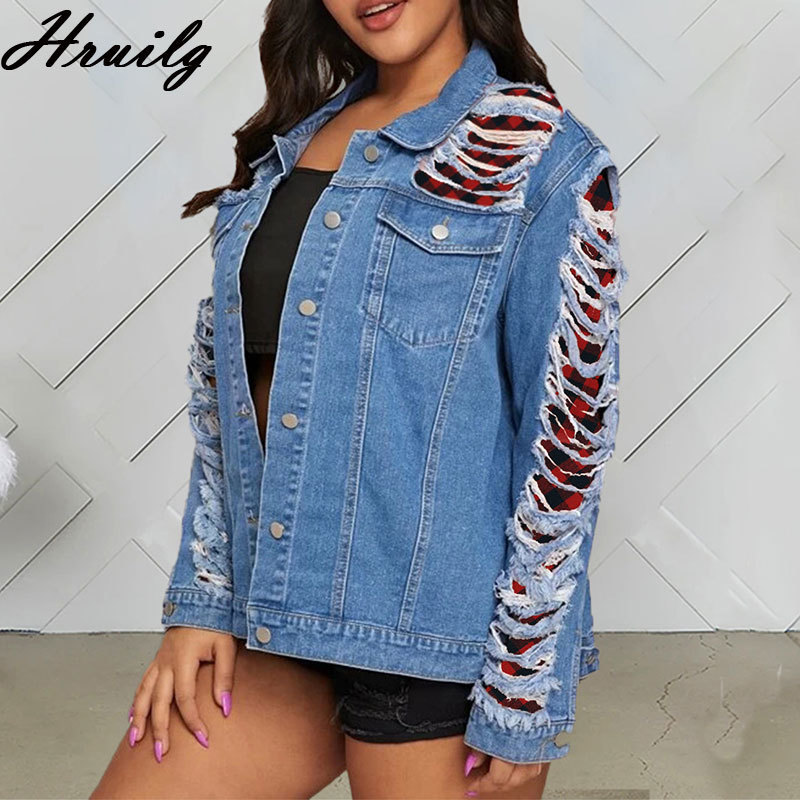 Jacket Women Fashion Hole Plus Size Patchwork Jean for Button Casual Loose Cazadora Vaquera Mujer 210515