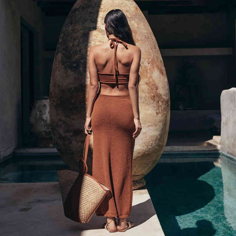 Sexy Bikini Cover-ups Elegant Halter High Waist Belted Summer Beach Dress Crochet Tunic Women Wear Swim Suit Cover Up A856 210420