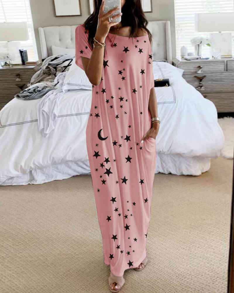 Women Summer Elegant Short Sleeve Stars Print Casual Dress 210415