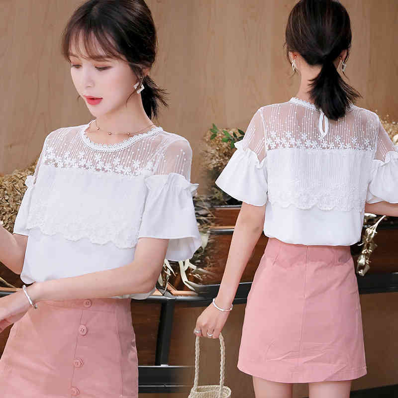 Korean Style Fashion Summer Women Blouses Floral Women's O-Neck Spliced Lace Shirts Ladies Tops Sweet Shirt 8611 50 210510