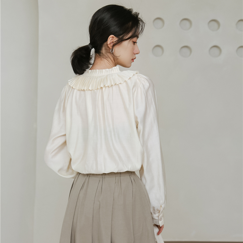 QOERLIN Apricot Ruffled Blouses for Women Elegant Korean Lace Up Bowtie Long Sleeve Loose Pleated Sleeve Chiffon Shirt Plus Size 210412
