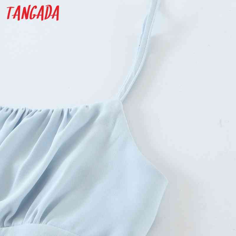 Women Vintage Blue Summer Playsuits Spaghetti Strap Rompers Ladies Casual Chic Overalls QW61 210416