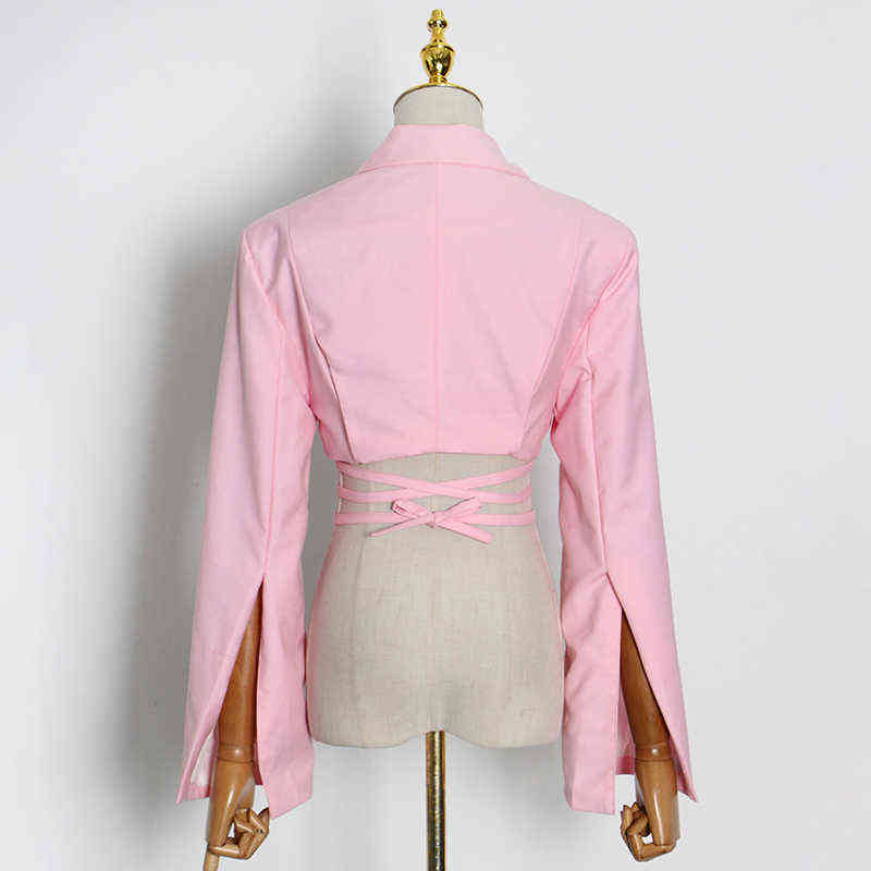 TWOTWINSTYLE Cross Short Black Blazer For Women Notched Long Sleeve Hollow Out Casual Blazers Female Fashion Clothing 211122