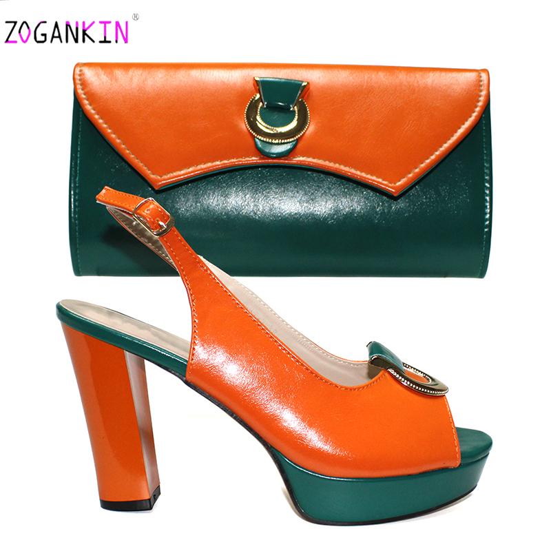 Dress Shoes Concise Style 2021 Spring Special Design Nigerian Office Ladies And Bag To Match In Orange With Dark Blue Color For Party