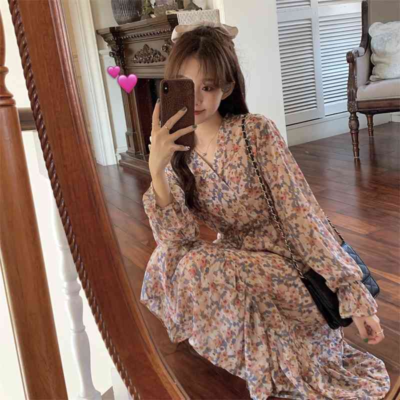 Spring French Floral Print V-Neck Ruffles Mid Calf Chiffon Dress for Women 210615Z