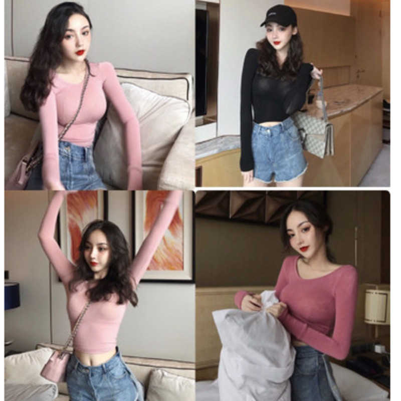 WOMENGAGA Women's Round Neck Slim Tight Top Thin Long Sleeve Pink T-shirt Bottomed Tees Cotton Z5OG 210603