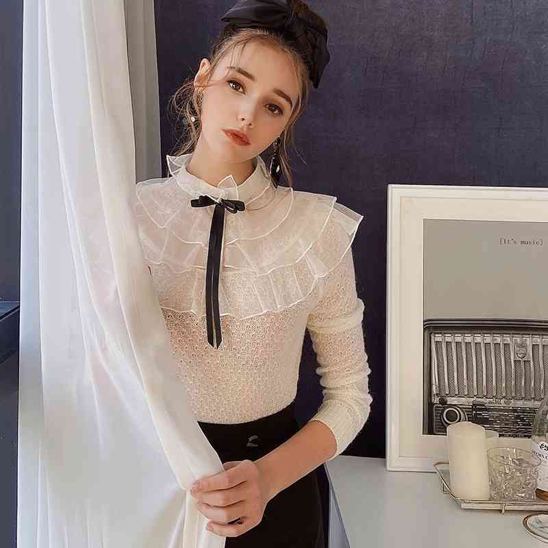 Dabuwawa Elegant Solid Office Lady Lace Women Blouse Ruffled Long Sleeves Bow Neck Shirts Female Vintage Tops Spring DO1AJS006 210520