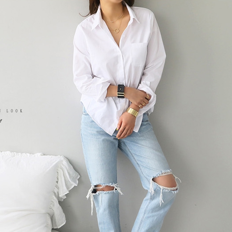 Spring One Pocket Women White Shirt Feminine Blouse Top Long Sleeve Casual Turn-down Collar OL Style Women Loose Blouses 210419