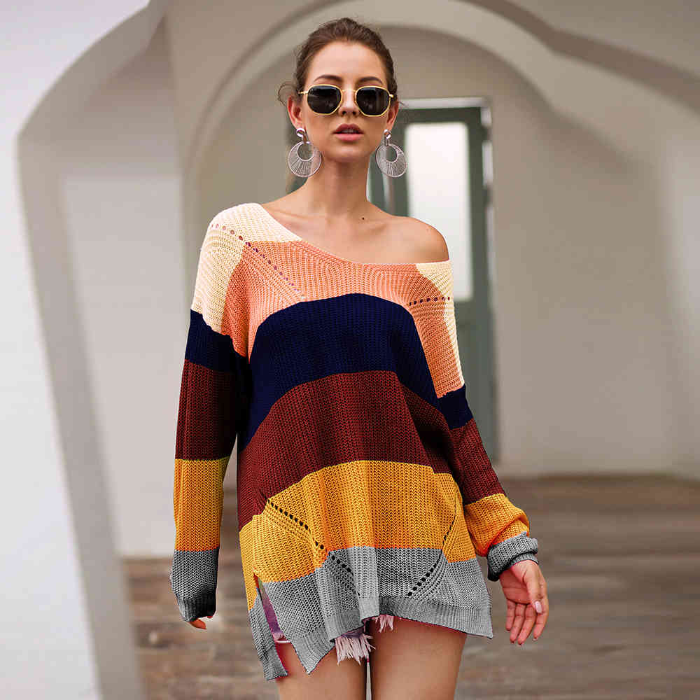 Foridol v neck knitted rainbow oversized sweater women vintage stripe pink sweater jumper autumn winter slit sweater 210415