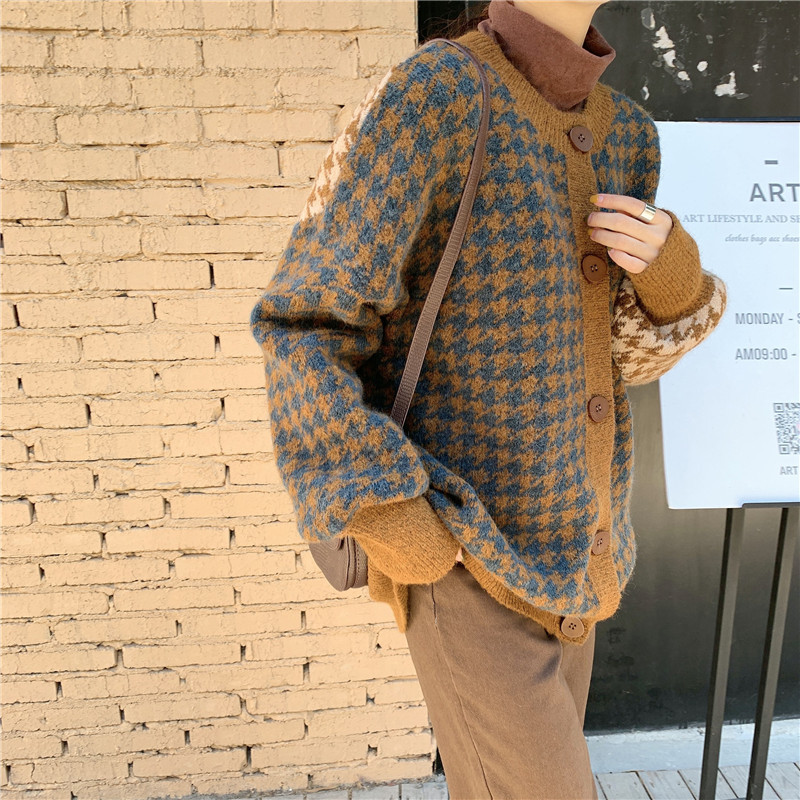 OL Knitted Sweater Women Cardigans Soft Thick Houndstooth Sweaters Jacket Long Sleeve Single-breasted Jumper Coat 210421