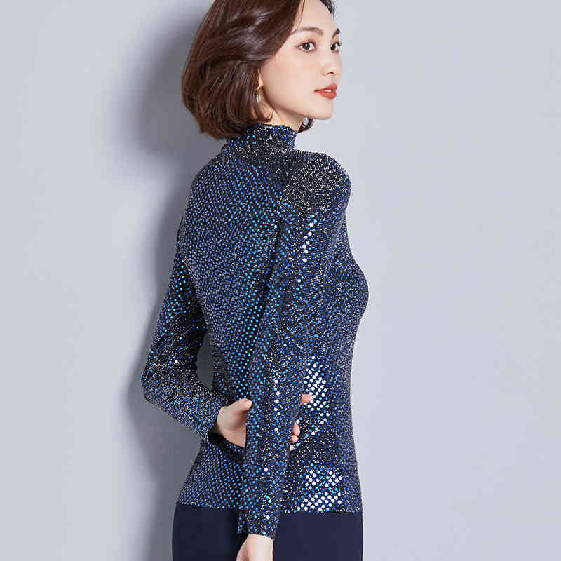 Fashion Winter Women Turtleneck Pullovers Bottoming Black Tops Solid Sequin Long Sleeve Clothing Chemisier Femme 6913 50 210508