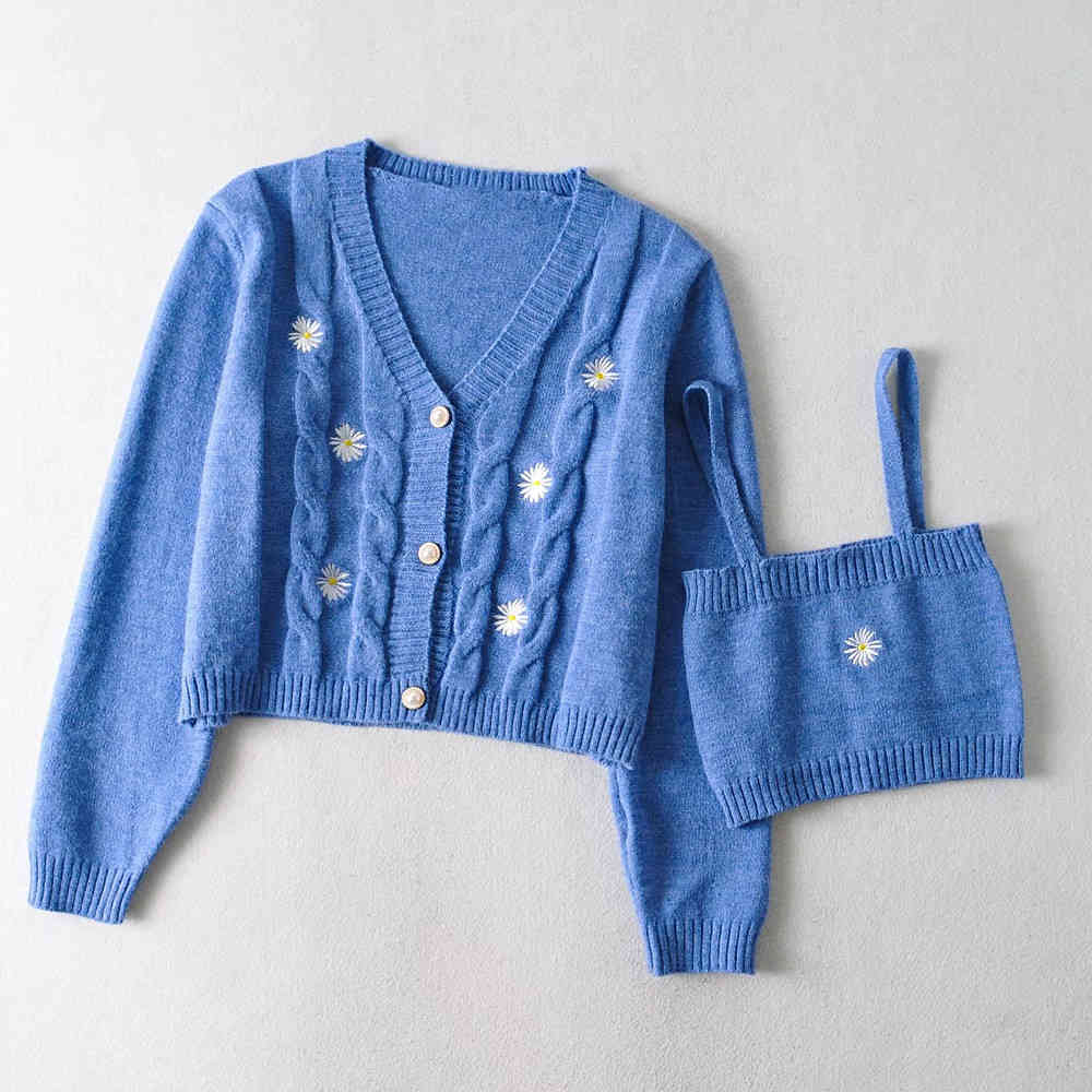 1 set Autumn Korea Style Vintage Embroidery Flower Cardigan Tank Top V neck Single-breasted Button Knitted Crop Sweater Jumper 210429