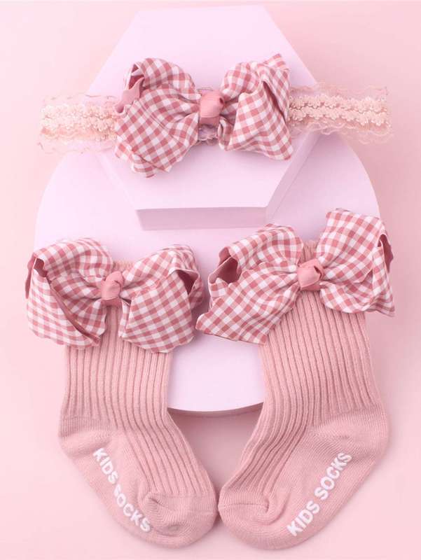 Baby Flower Pattern Bow Decor Hair Band & Socks SHE
