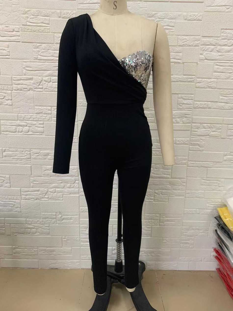 Bodycon Jumpsuit Sexy One Shoulder Sequin Black Women Celebrity Party Club 210527