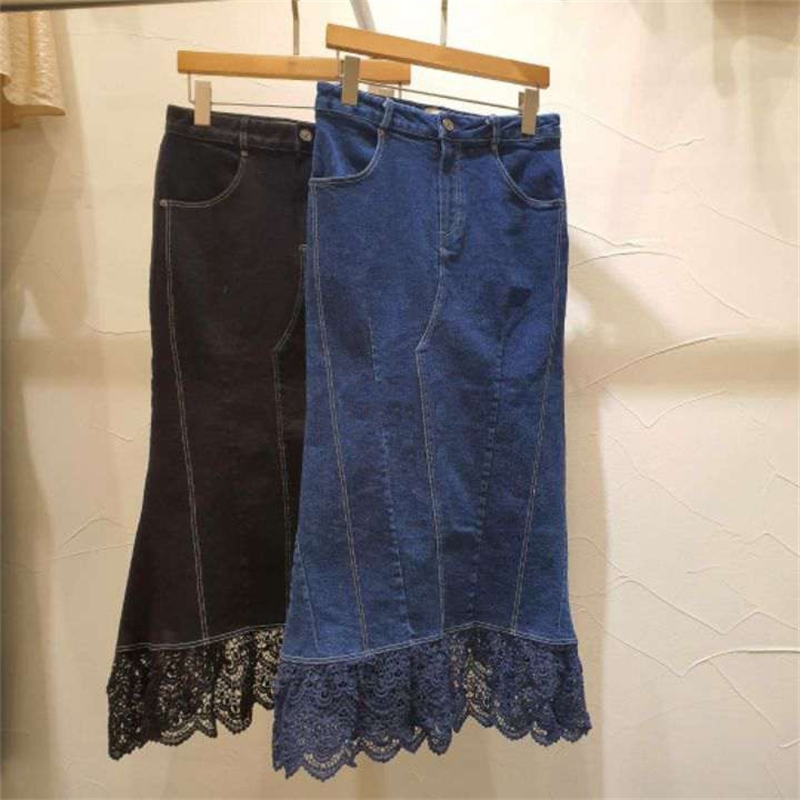 Nomikuma Women Jeans Skirt Korean Lace Ruffle Patchwork Irregular Demin Mermaid Skirt Autumn High Waist Sexy Faldas 6C727 210427