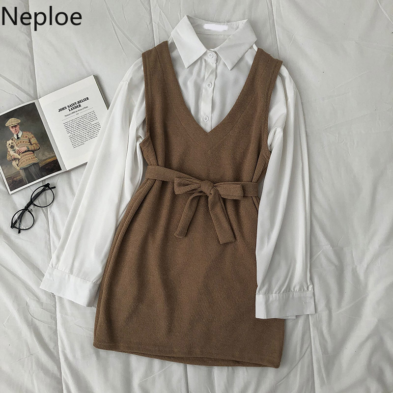 Neploe 2 Piece Set Women Fashion Suit Vintage Knitted Vest Dress Loose White Shirt Tops Femme Roupas Korean Two Piece Set 210422