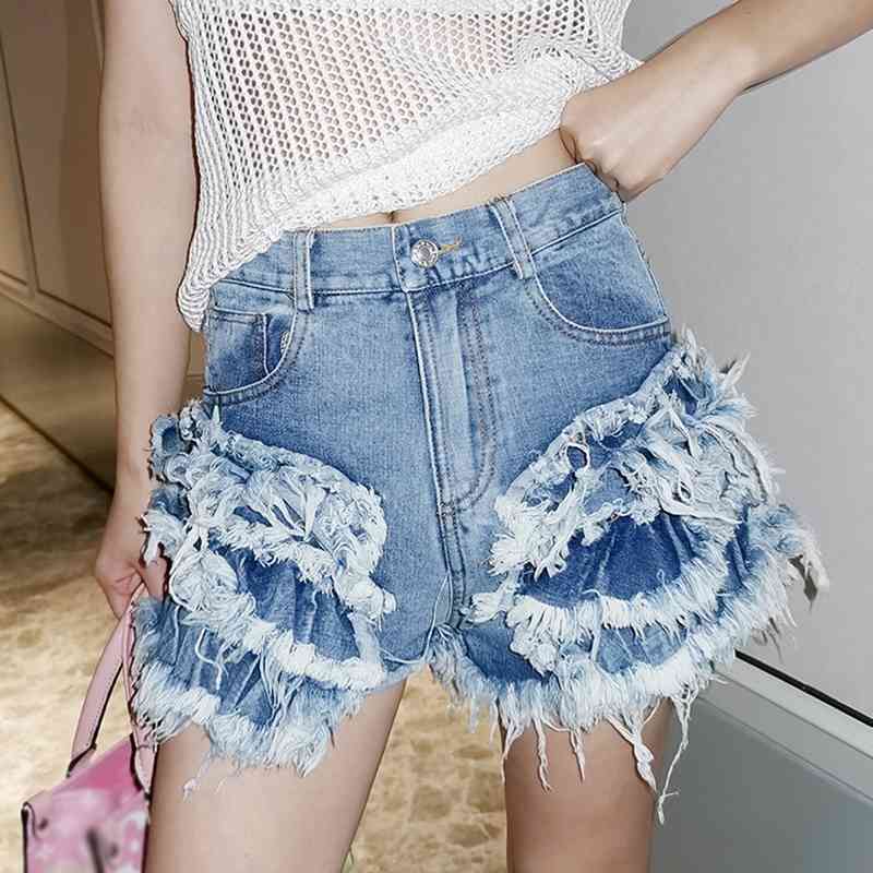 Patchwork Tassel Denim Shorts For Women High Waist Casual Sexy Female Fashionable Clothing Style 210521