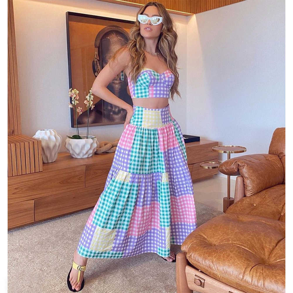 Sexy Colorful Plaid Bikini Set High Waist Swimwear Shoulder Strappy Bathing Suit Beachwear Biquini female 210611