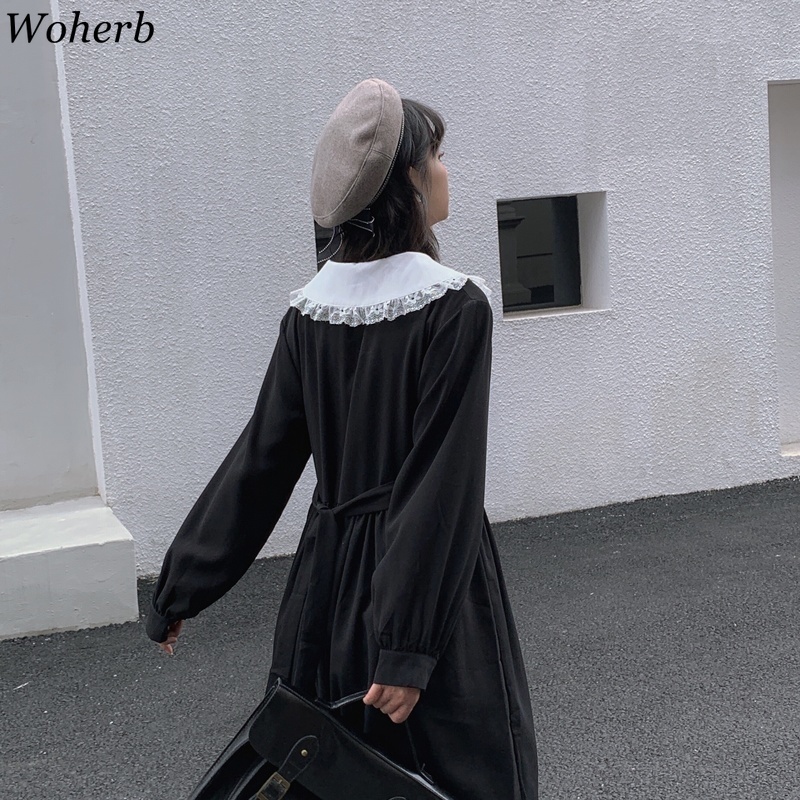 Black Fashion Dress Korean Vintage Slim Waist Long Sleeve Dresses Women Peter Pan Collar Lace Up Vestidos 25383 210519