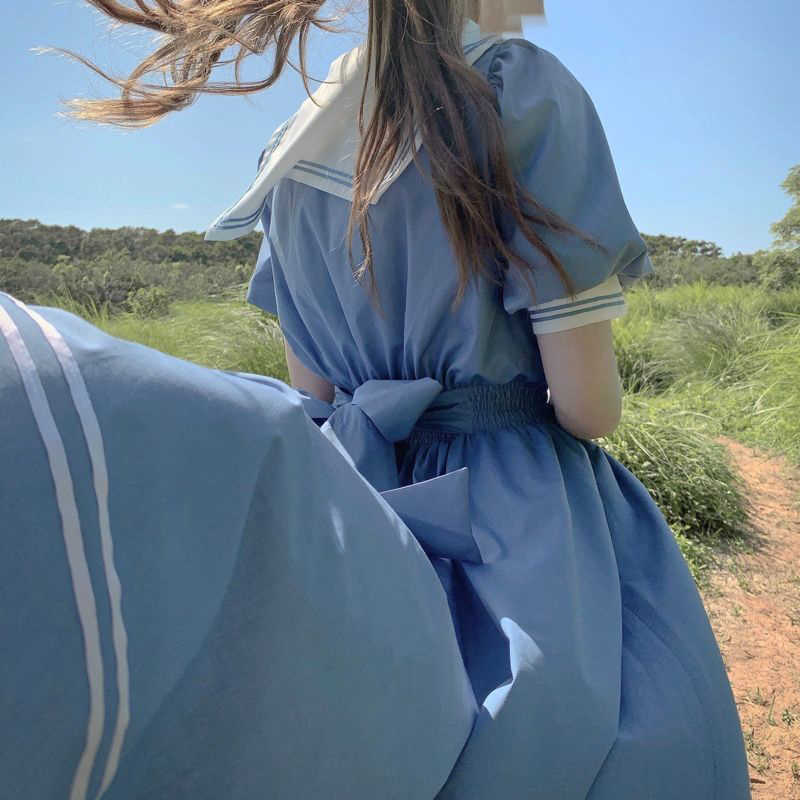 Harajuku Sailor Collar Navy Dress Japanese Lolita Sweet Bow-knot Girl Retro Cotton Kawaii Preppy Style Short Sleeve Women 210623