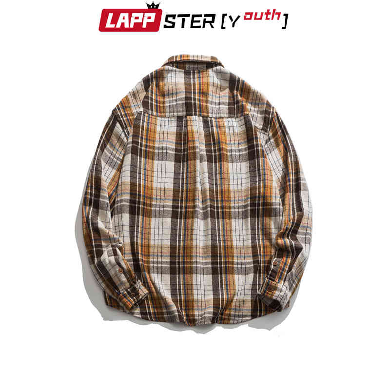 Thick Harajuku Vintage Plaid Shirts Long Sleeve Autumn Male Desginer Kpop Fashions Button Clothing 210420