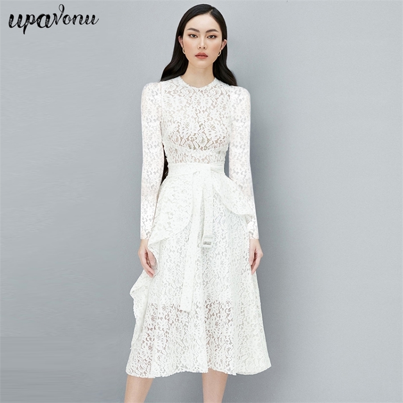 Free Women's White Lace Dress Sexy O-neck Long Sleeve A-line Ruffle Celebrity Club Party Midi Vestidos 210524