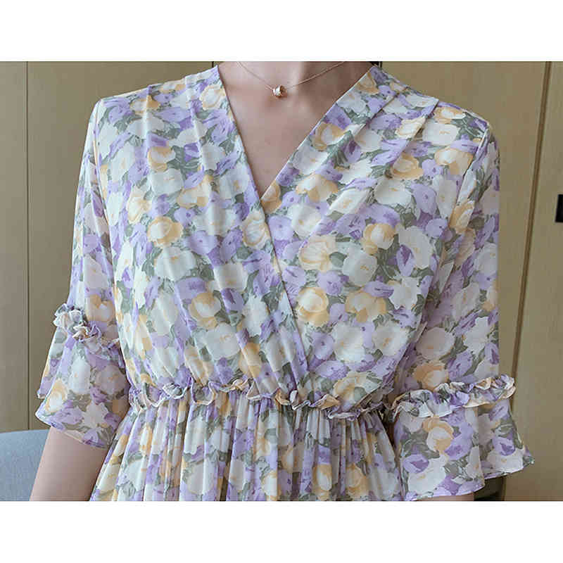 Summer French Style Elegant Chiffon High Waist Floral Dresses V Neck Loose Half Ruffle Sleeve Party Midi Dress Women D12701X 210416