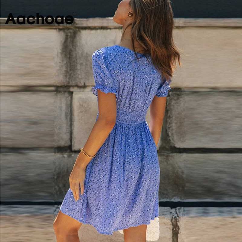 Aachoae Bohemian Floral Print Mini Dress Women V Neck Summer Beach Dress Ruffle Short Sleeve A-line Buttons Casual Dresses 210630