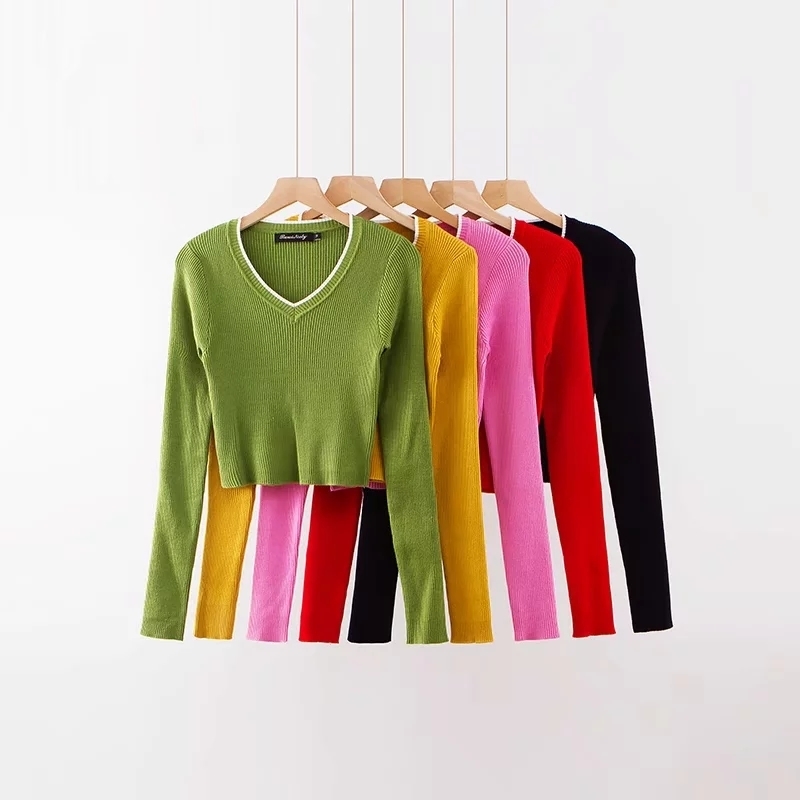 Women Contrast Colors V-neck Long Sleeve Ribbed Sweater Fitted Crop Knit Pullover 210512