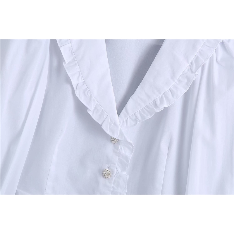 Elegant Women Solid White Patchwork Shirts Fashion Ladies Pearl Button Tops Streetwear Female Chic Ruffles Blouses 210430