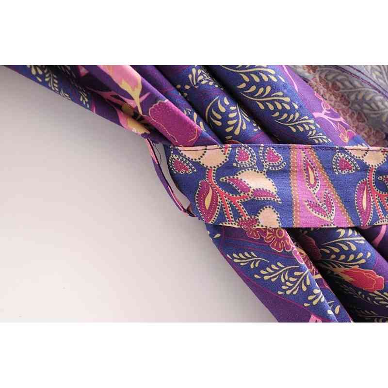 Bohemia V neck Celosia Flower Print Long Kimono Shirt Purple Ethnic Women Lacing up Bow Sashes Cardigan Loose Blouse Tops 210429