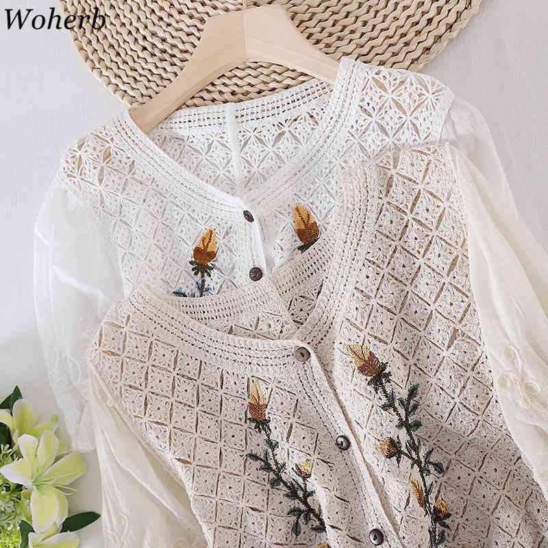 Sweet Flower Embroidery Cardigan Blouse Women Short Sleeve Single Breasted Ladies Hollow Out Vintage Coat Shirt 210519