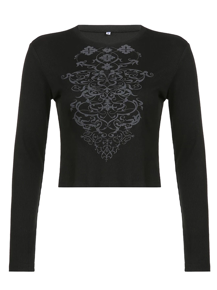 Grunge Fairycore Crop Tshirts Graphic Print Long Sleeves Slim Tops Tee Casual Crewneck Autumn Winter Fashion Harajuku Cloth 220315