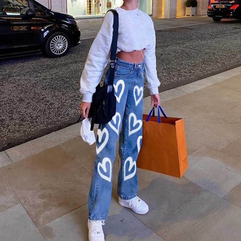 Casual Printed Heart Straight Slim Jeans Vintage High Waist Trousers Women Fashion Denim Pants Vaqueros Mujer Streetwear 210922