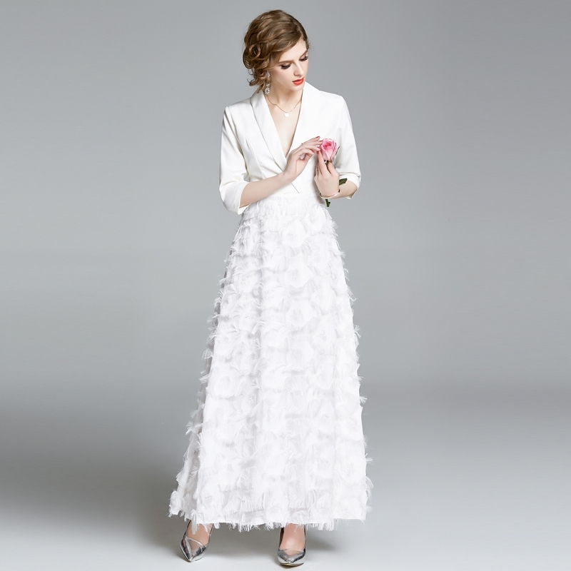 Spring Women's Half Sleeve Notched Vintage Tassels Patchwork Blazer Dress Female Big Swing White Long Vestidos 210520