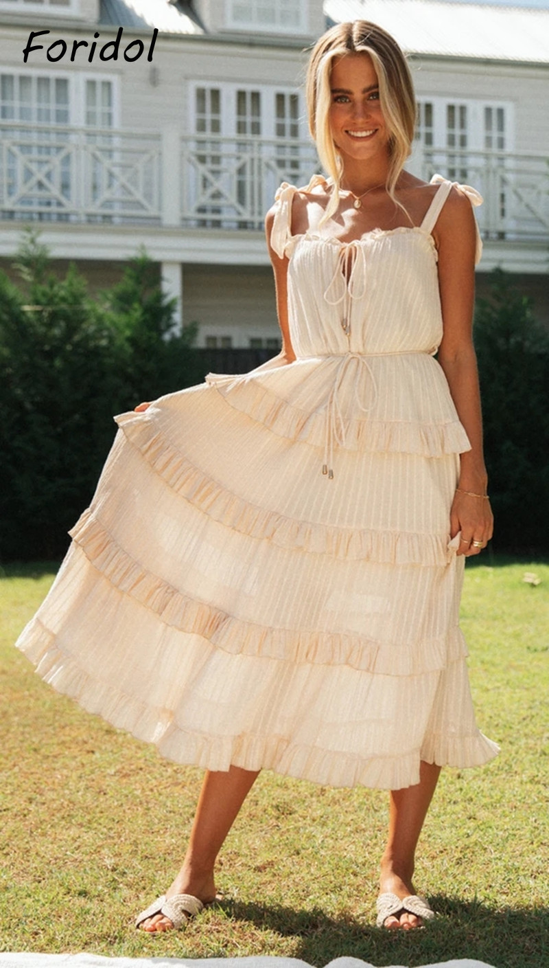 Lace Up Front Striped Summer Dress Boho Beach Women Clothing Casual Maxi Long Sundress Ruffle Spring Korean Harajuku Dress 210415
