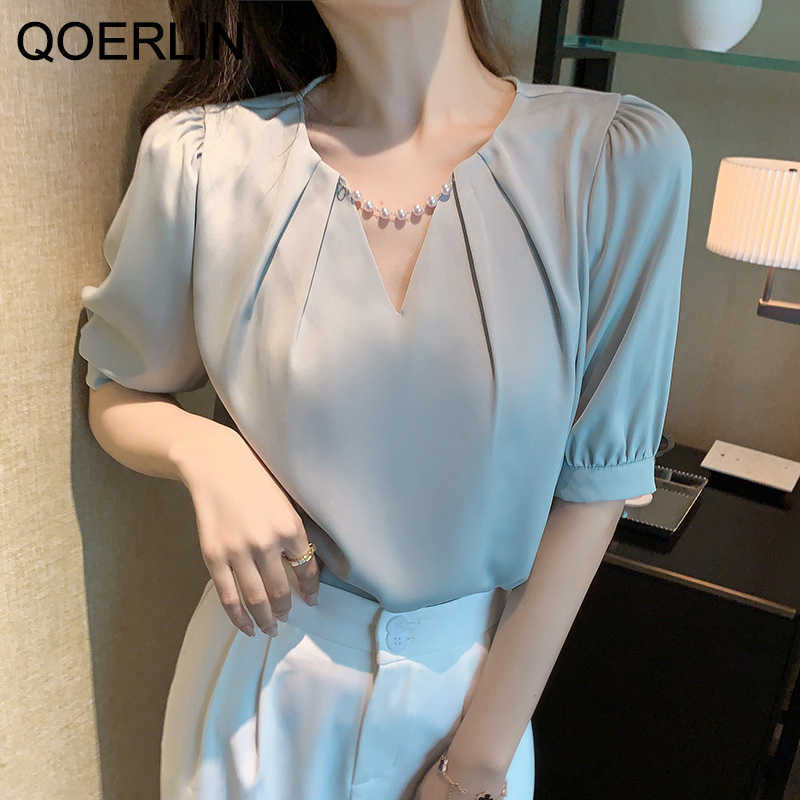 White Beading Pearl Blouse Women Summer Elegant OL Office Formal Solid V-Neck Short Sleeve Shirts Korean Tops Plus Size 210601