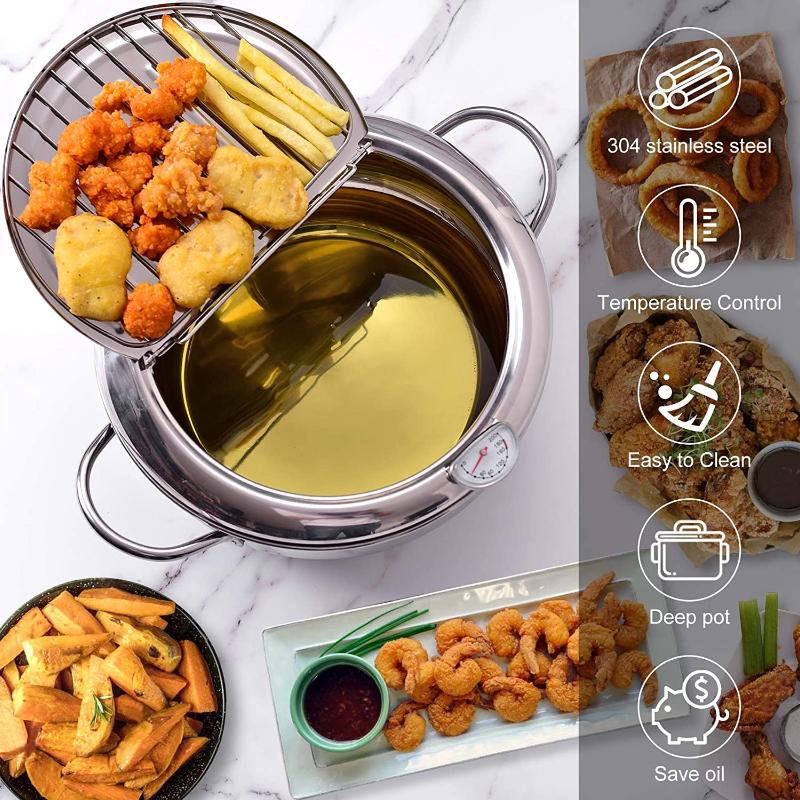 Deep Frying Pot With + Lid 304 Stainless Steel Japanese Kitchen Tempura Fryer Pan 20 24 Cm KC0405 Pans