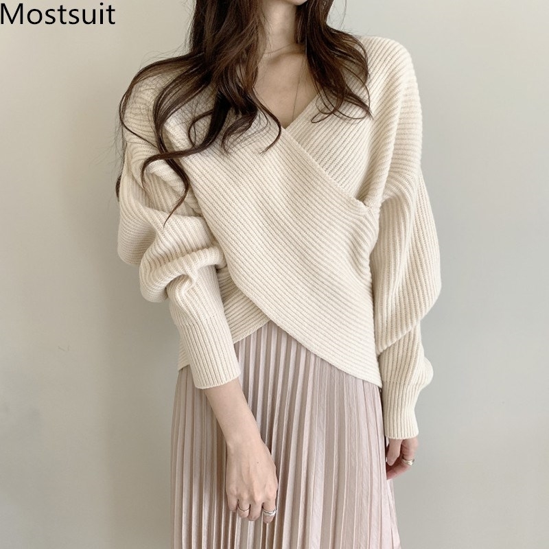 Korean Stylish Knitted Pullover Women Long Sleeve V-neck Criss-cross Fashion Sweater Autumn Winter Elegant Ladies Jumpers 210514