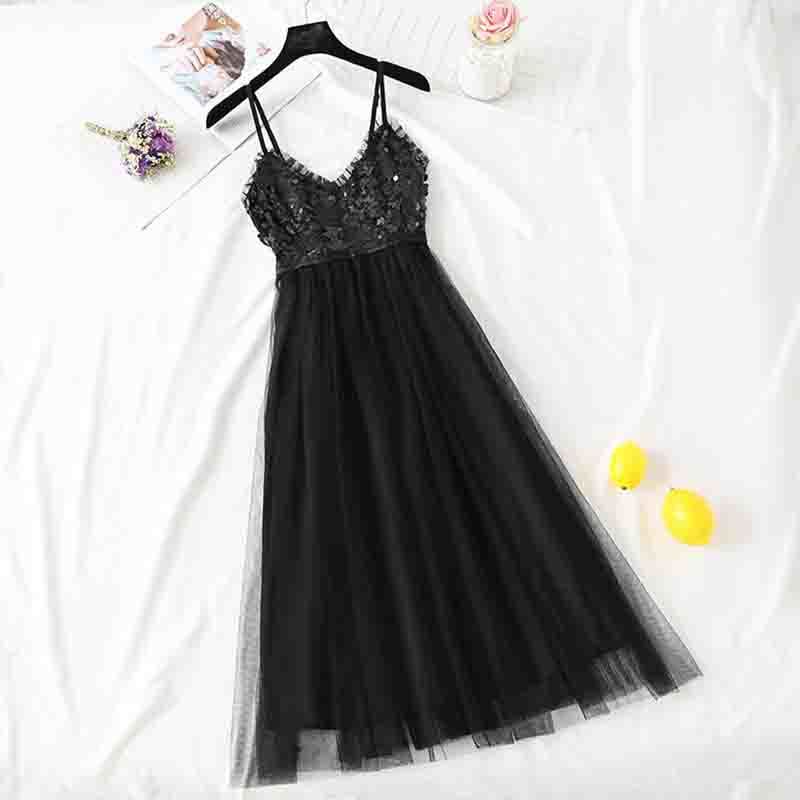 Summer Women's V-neck Strap Dress Vintage Sleeveless Sequin Mesh A-line Dress Female Elegant Sling Fairy Beach Dresses 210521