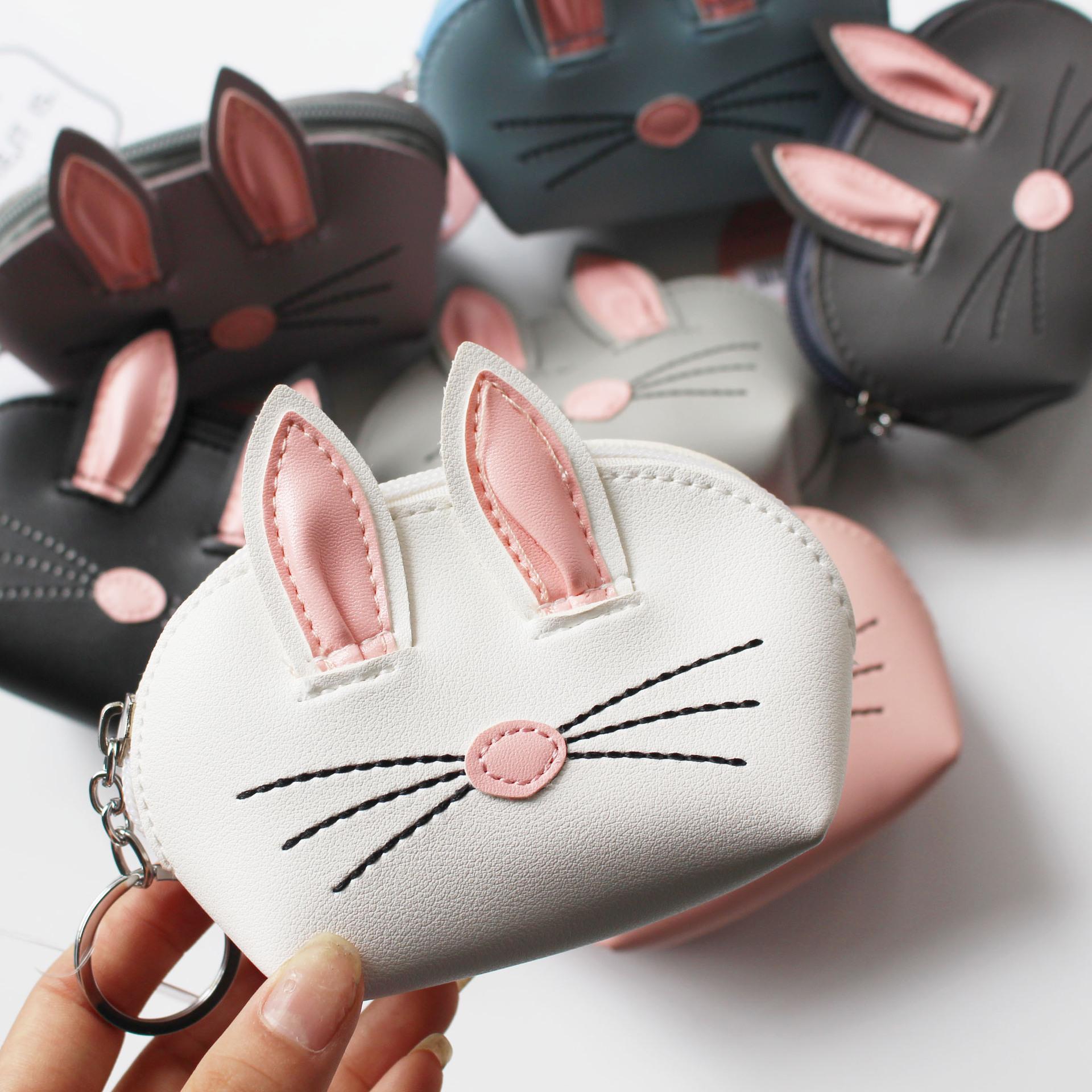 Korean Style 3D Rabbit Ear PU Leather Card Holder With Hanging Keychain Bunny Credit Card Coin Purse Holders Party